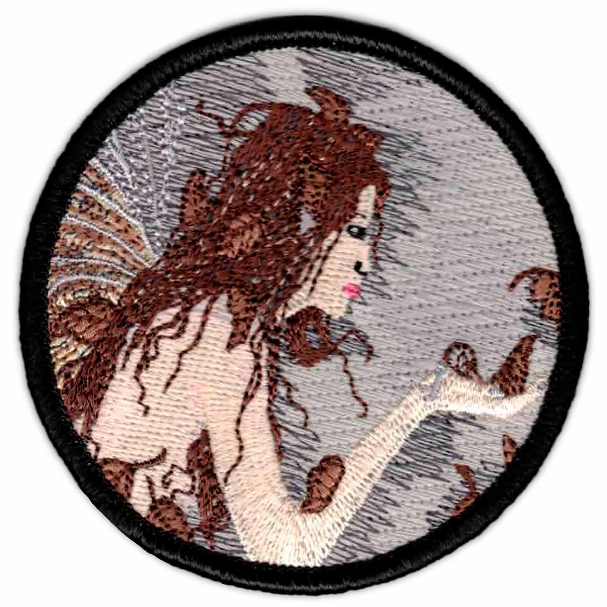 A Pirate Skull with crossbones Iron on Patch with an image of a woman holding a butterfly.