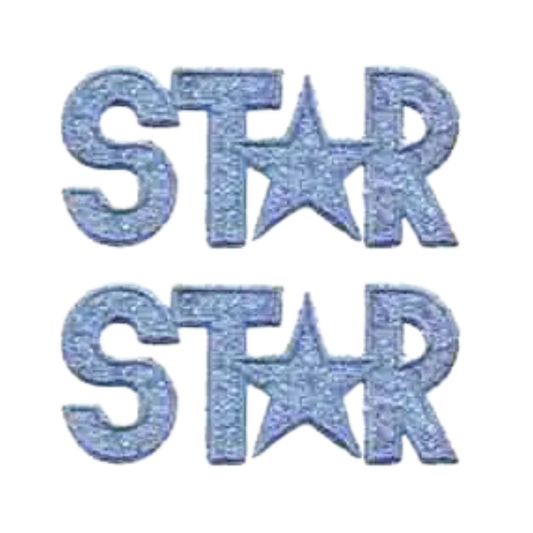 The LaughingLizards Blue Star in Sparkle (2-Pack) Iron on Patch features “STAR” in blue, with a star-shaped "A" on white—great for summer clothing or as a fun DIY patch for kids’ clothes.