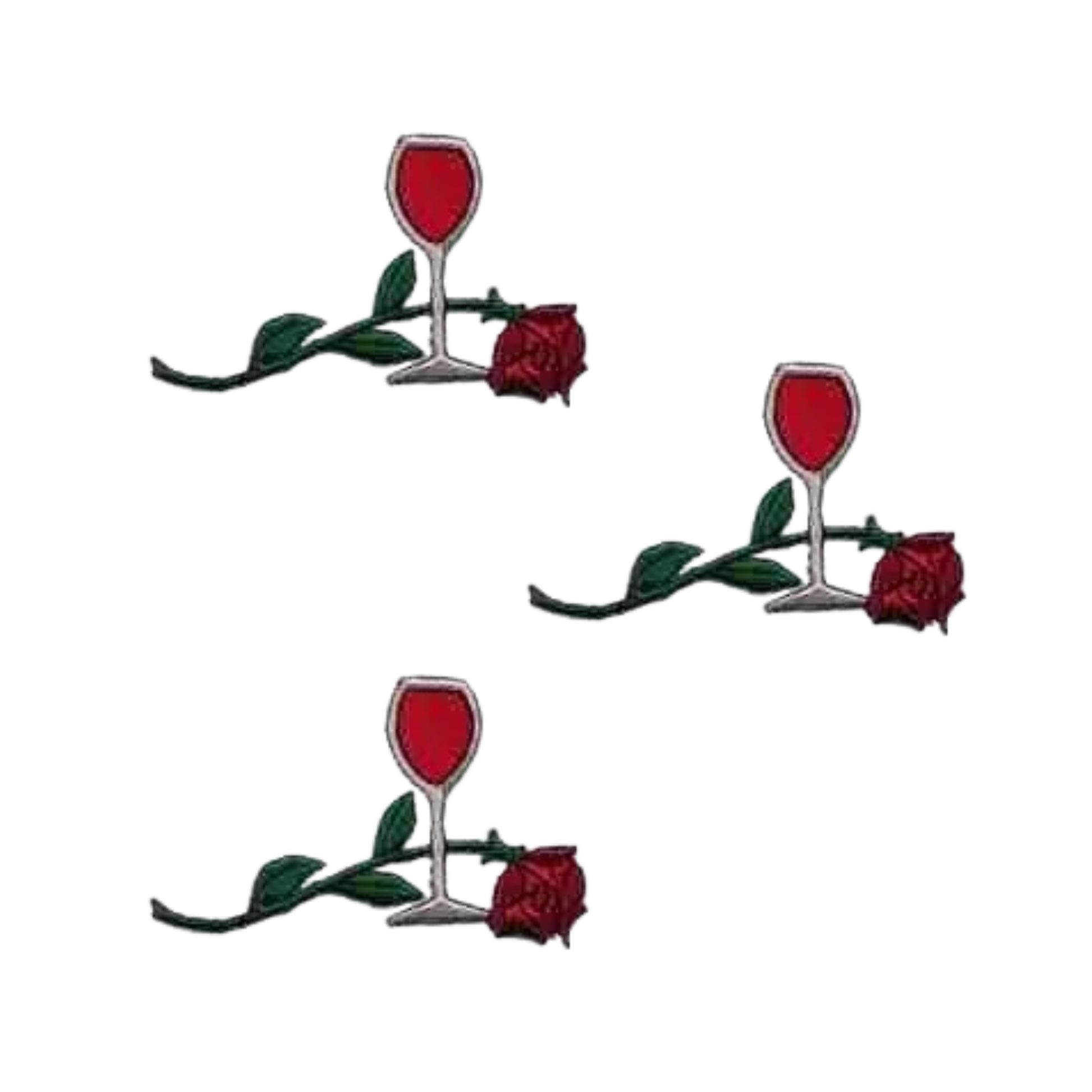 LaughingLizards Red Wine Glass with Rose Iron On Patch (3-Pack) features three identical patches, each showing a wine glass on a green stem with red rose—perfect for adding unique flair to your projects.