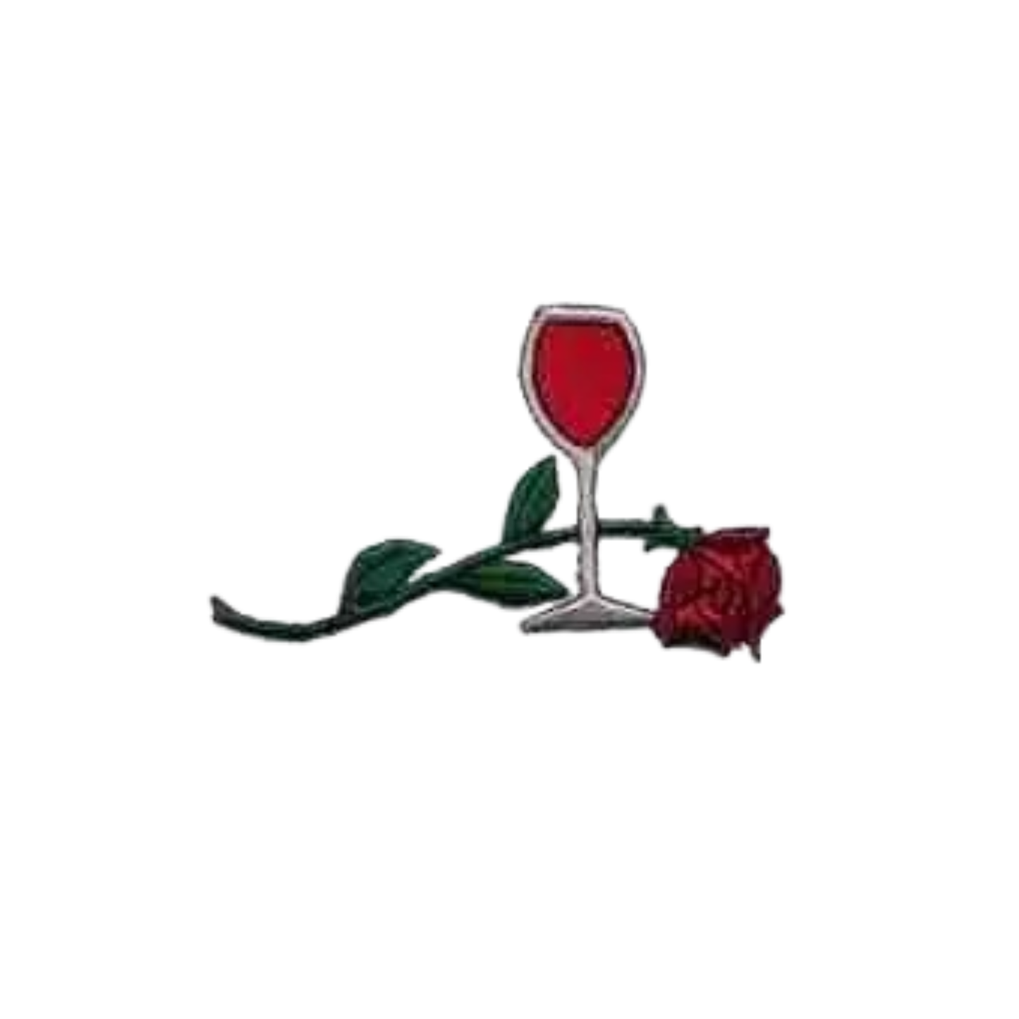 The LaughingLizards Red Wine Glass with Rose (3-Pack) Iron On Patch features a red rose with green leaves behind a wine glass, all on a plain white background.