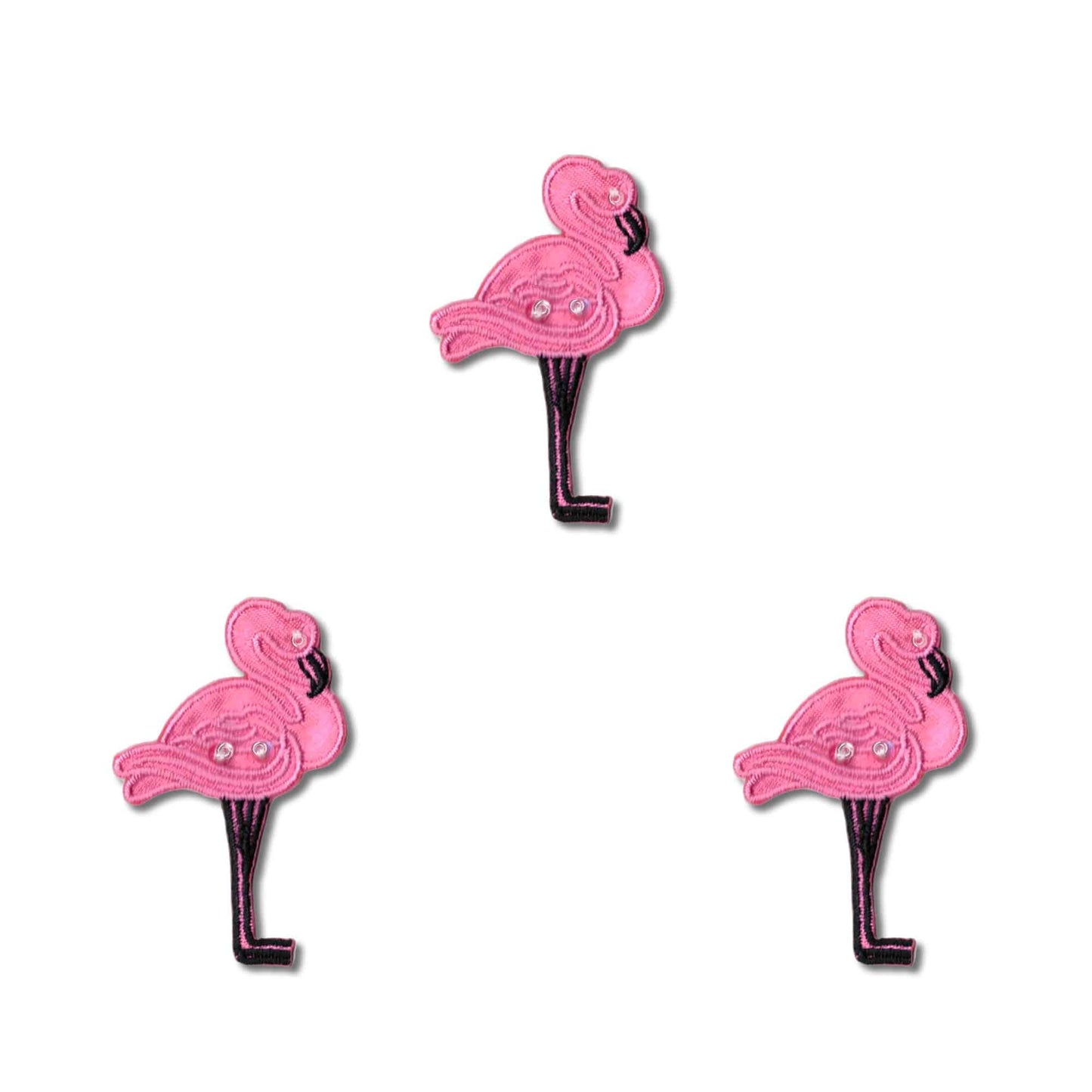 Four (3-Pack) Sequin Flamingo Patch on a white background.