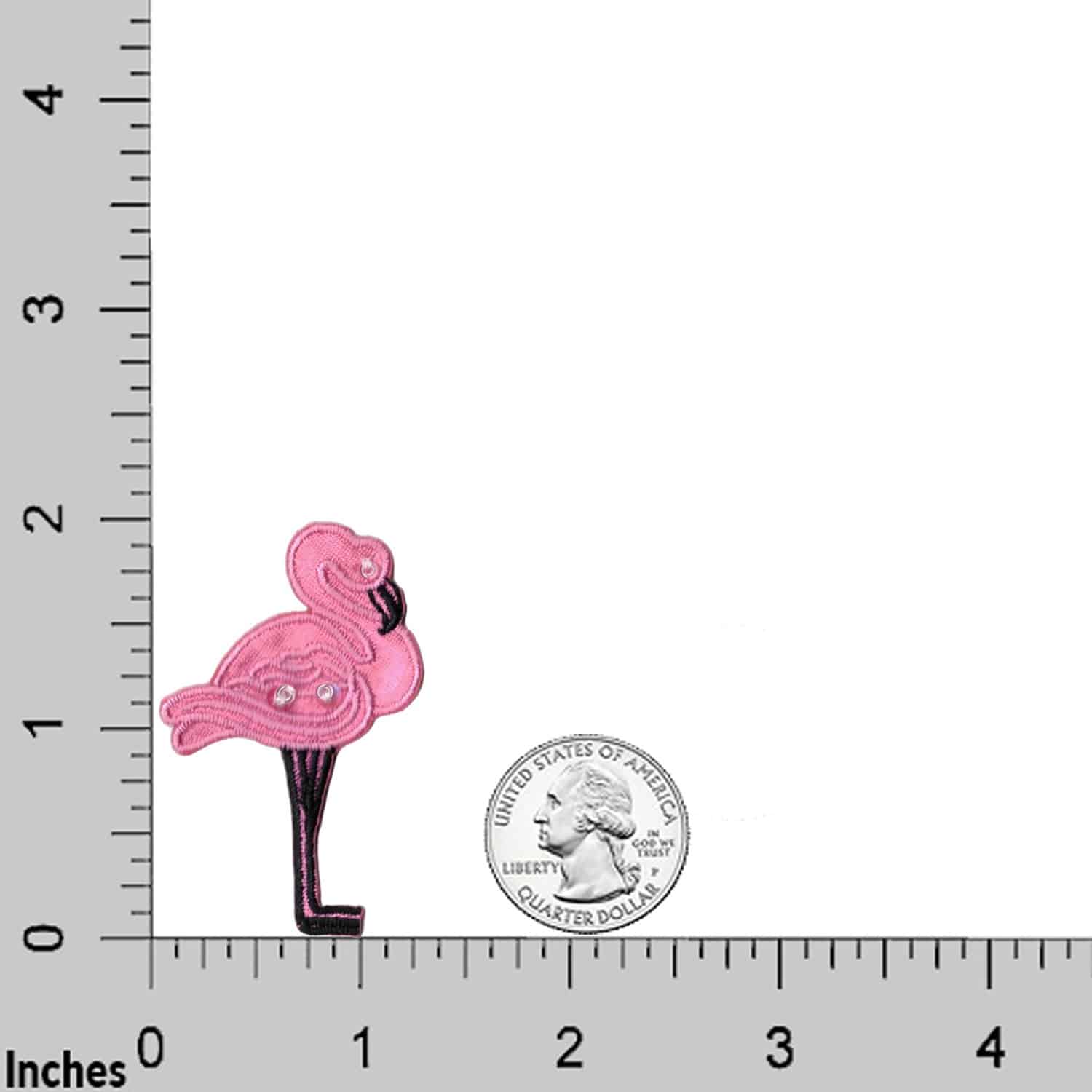 A (3-Pack) Sequin Flamingo Patch standing next to a ruler.
