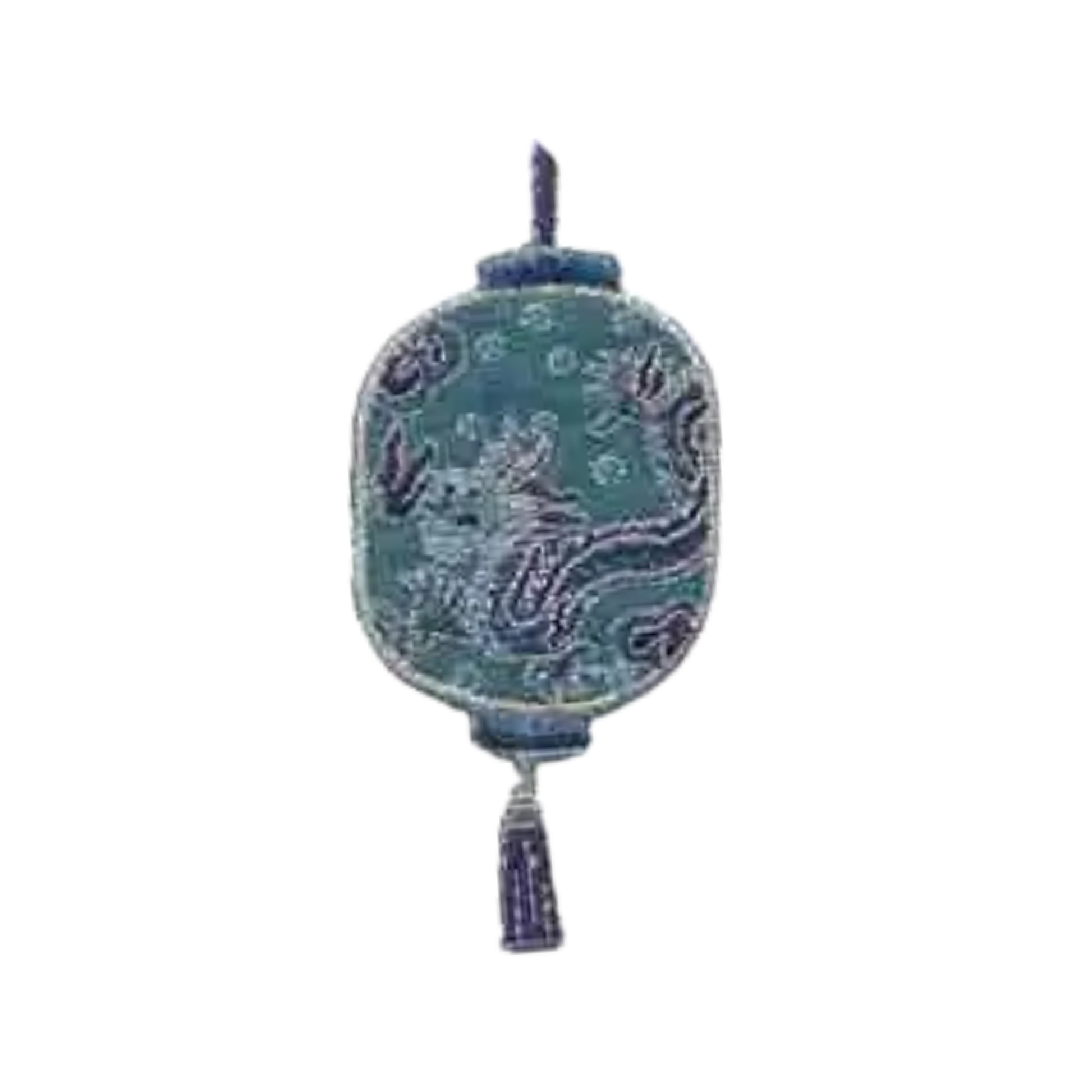 LaughingLizards' Oriental Hanging Lamp (2Pack) Iron On Patch features a blue lantern with a dragon design and tassel, ideal as a DIY craft accessory or for extra flair when used as an applique.