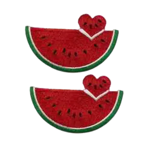 The LaughingLizards Large Watermelon Fruit with Heart Cutout Iron On Patch (2-Pack) features two embroidered patches, each with a heart-shaped cutout—perfect for DIY crafts or as a fun accessory, shown on a white background.