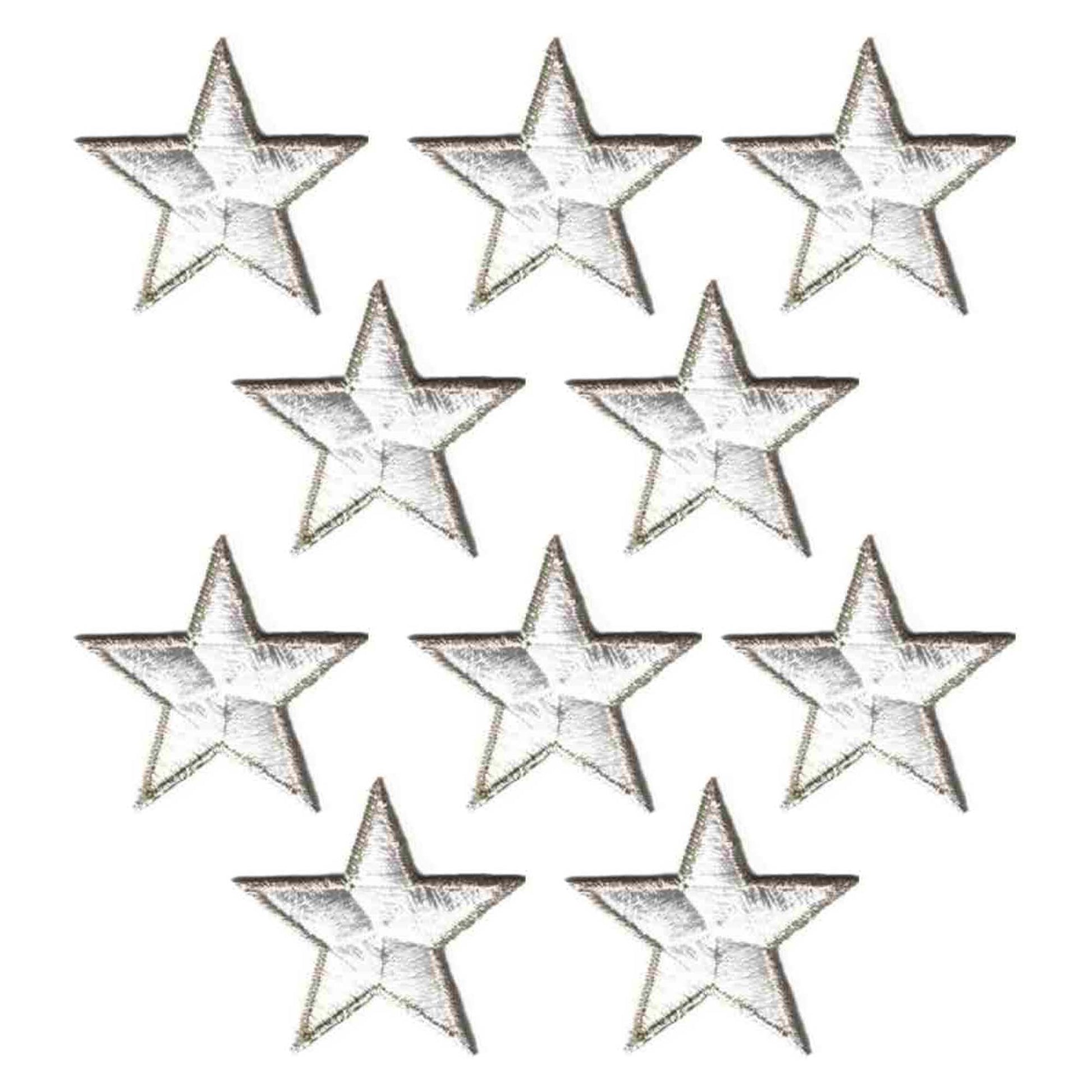 A set of six White Star with Metallic Outline (5-Pack) Star Embroidered Iron On Patches 1.75 Inch on a white background.