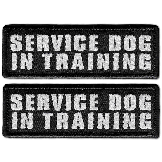Two Service Dog Patches (2-Pack) Highly Reflective Embroidered Hook and Loop Patches for Dog Vest or Harness that say service dog in training.