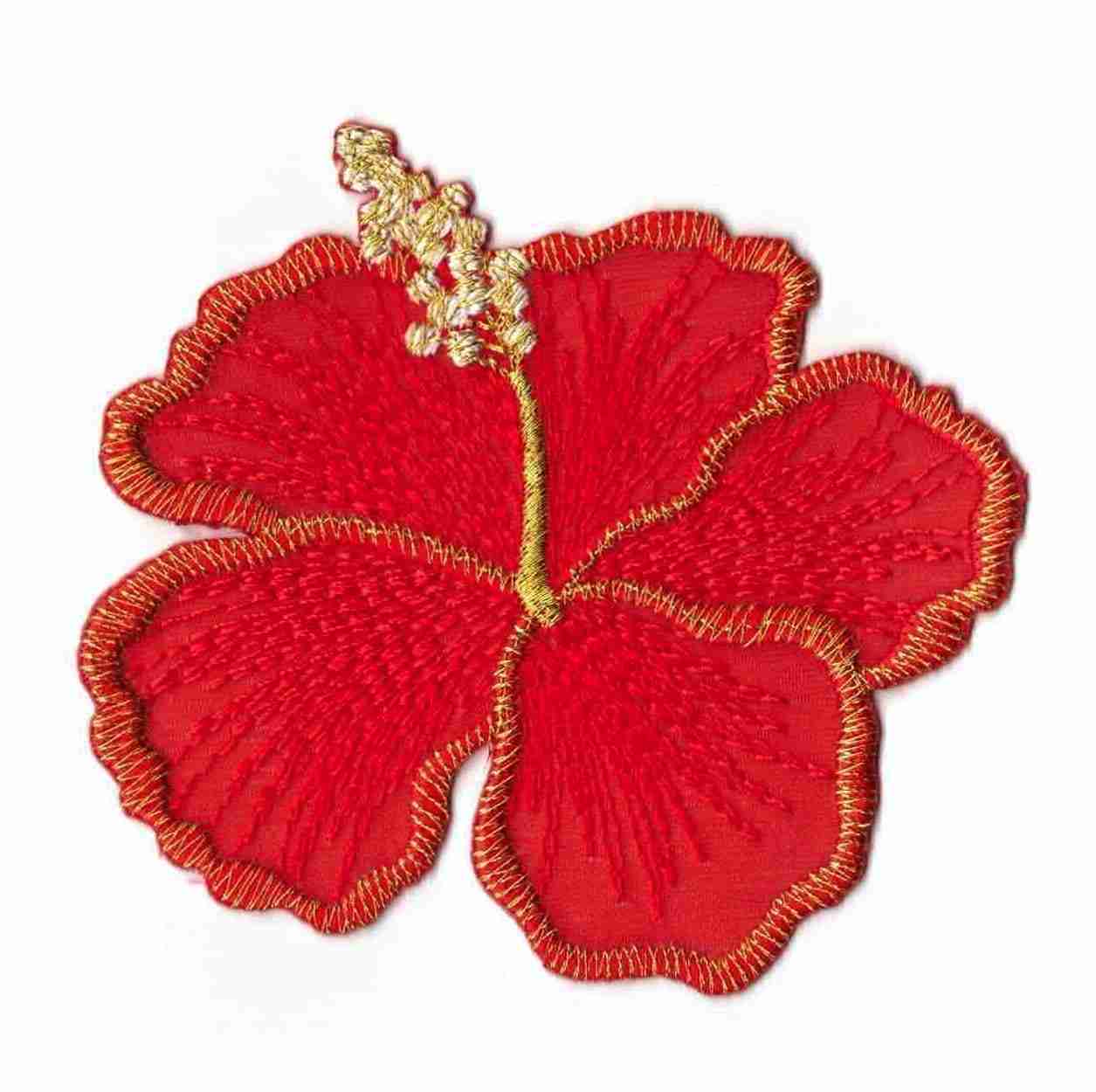 A Large Shimmering Hibiscus Flower Iron on Patch: Red embroidered on a white background.