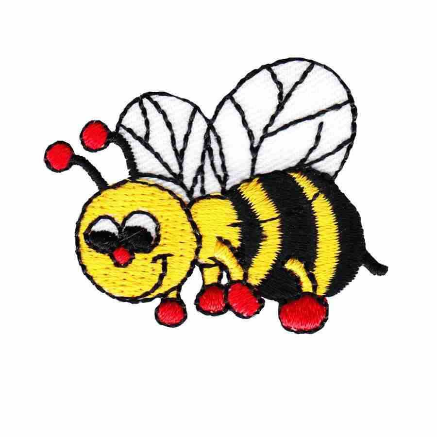 A cartoon Bee Patches (5-Pack) Insect Embroidered Iron On Patch Appliques embroidered on a white background.