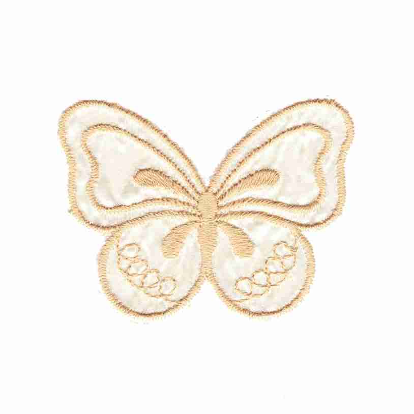 A Tan and Off-White Satin Vintage Butterfly (3-Pack) Iron on Patch embroidered on a white background.