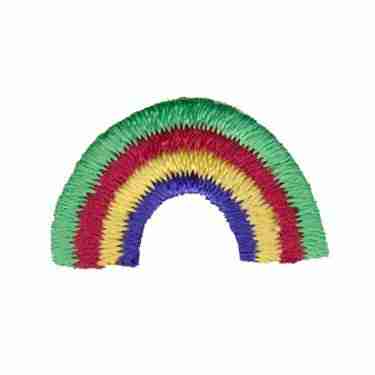 A Rainbow Patches (10-Pack) Rainbow Embroidered Iron On Patch Appliques shaped pom pom on a white background.