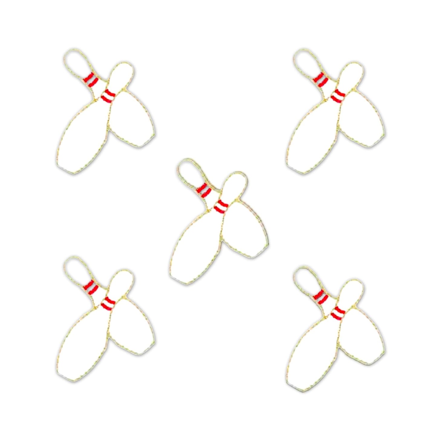 Four Bowling Pins Patches (5-Pack) Sport Embroidered Iron On Patch Applique on a white background.