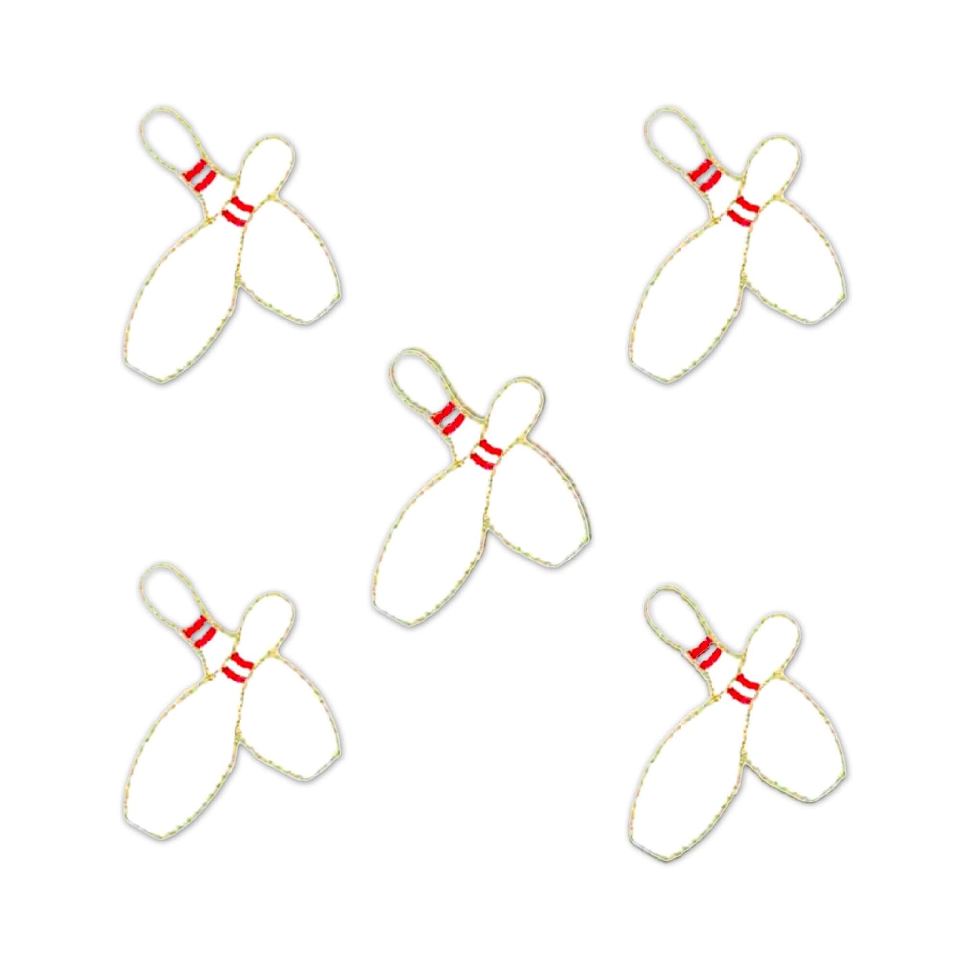 Four Bowling Pins Patches (5-Pack) Sport Embroidered Iron On Patch Applique on a white background.