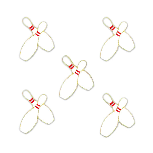 Four Bowling Pins Patches (5-Pack) Sport Embroidered Iron On Patch Applique on a white background.