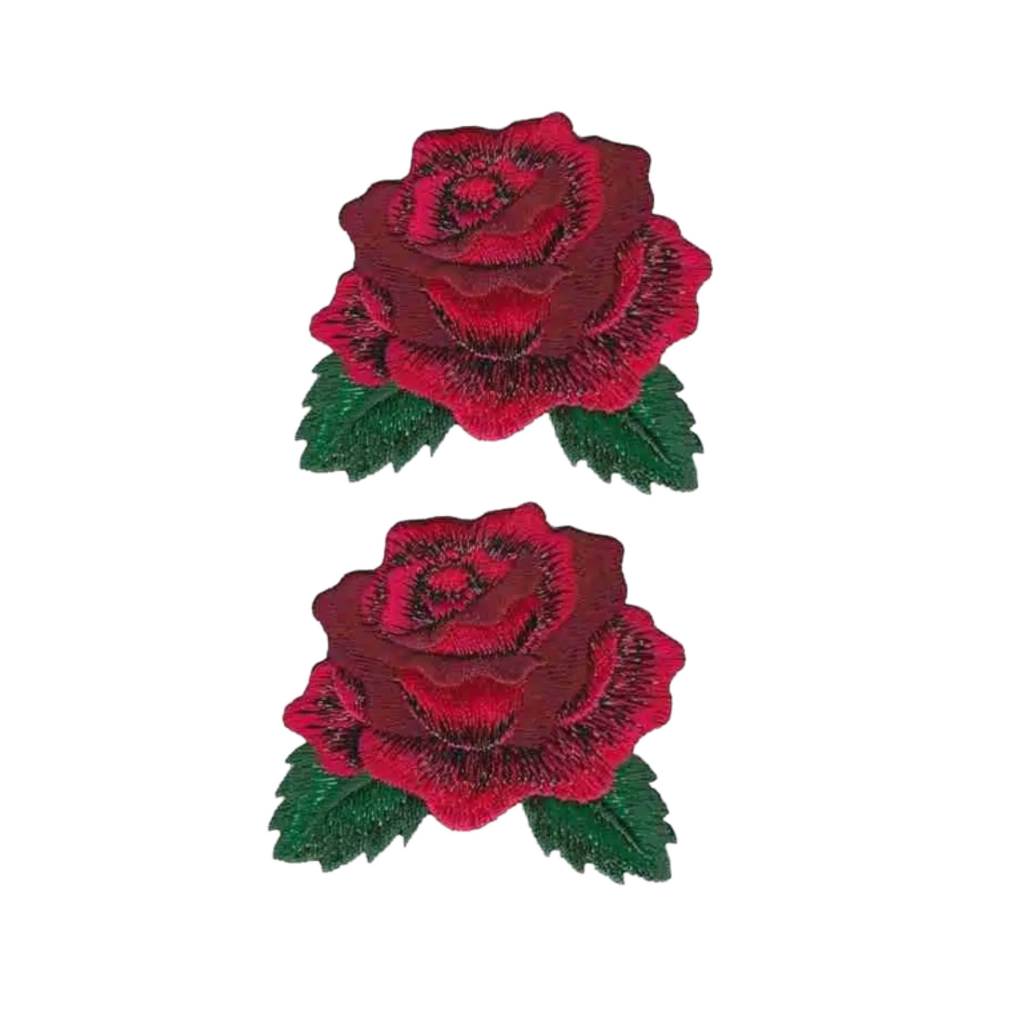 Red Rose with Leaves Floral Iron On Patch with Sparkling Thread