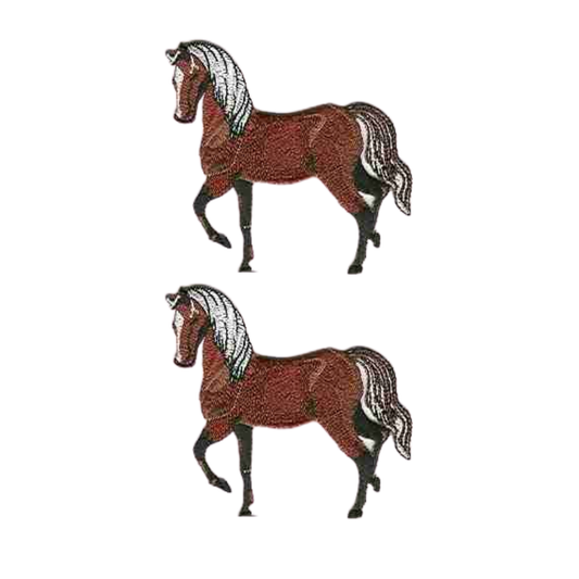 Two identical illustrations of a prancing brown horse with a white mane and tail stand on a white background. The LaughingLizards Horse Prancing Equestrian Iron On Patch is perfect for creative applique or decorative projects.