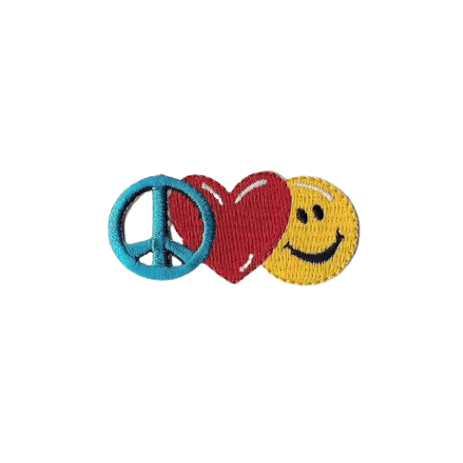 The Laughing Lizards Peace Sign, Heart and Smiley Face (3-Pack) Iron On Patch – Small features blue peace, red heart, and yellow smiley face designs in a row, perfect as a fun DIY craft accessory.