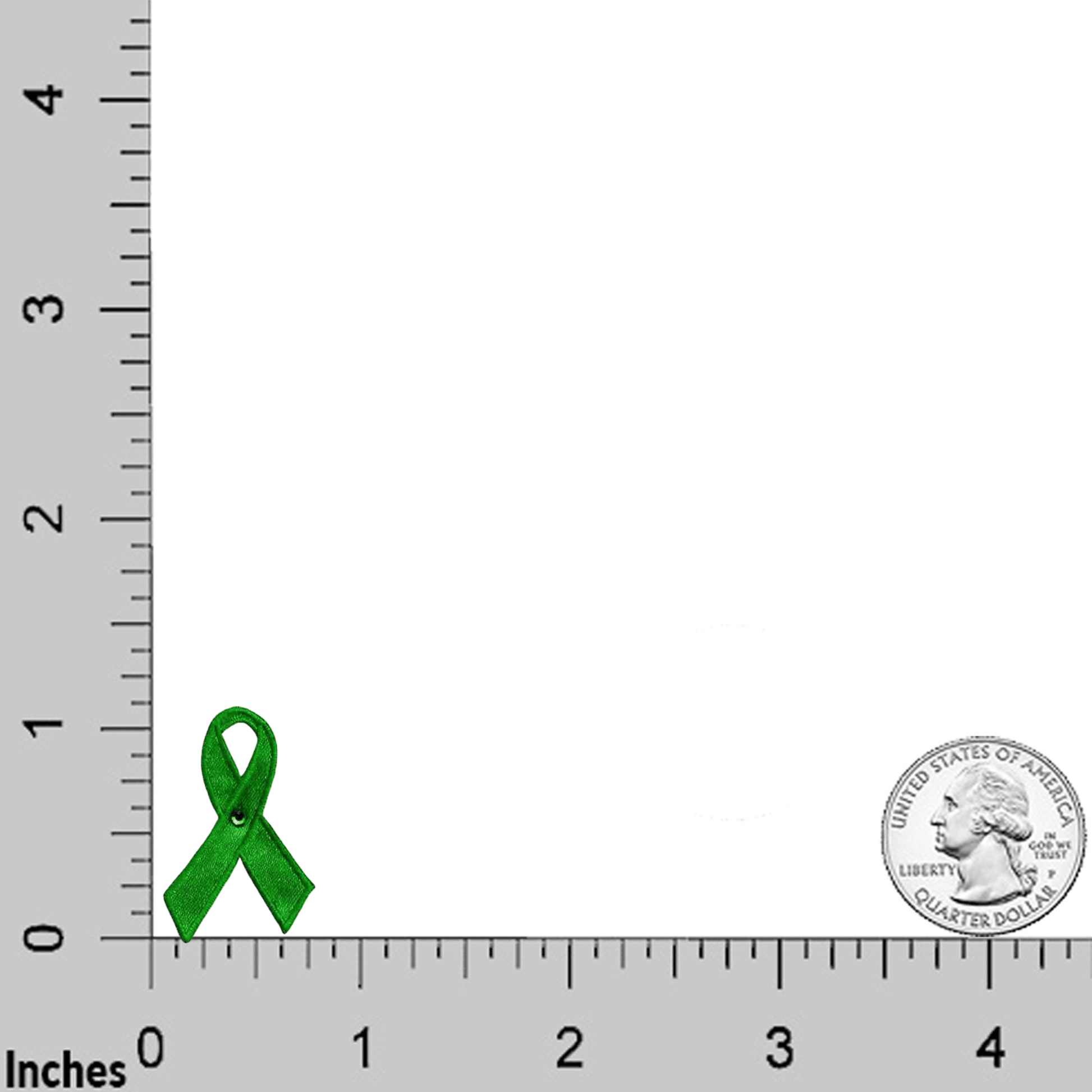 A Green Ribbon Patches (5-Pack) Awareness embroidered Iron On Patch Applique is shown next to a ruler.
