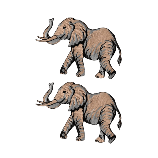The LaughingLizards Large Elephant Animal (2-Pack) Iron On Patch features two identical patches with elephants walking left on a white background.