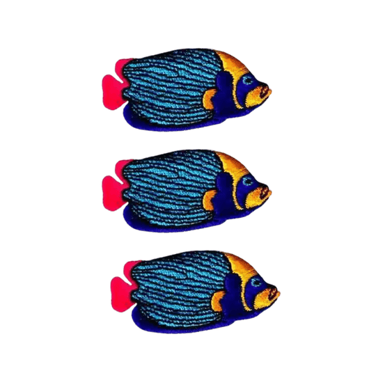 The LaughingLizards Brightly Colored Emperor Angelfish Iron On Patch 3-Pack features vibrant, embroidered patches arranged vertically on a white background—perfect for adding color to any fabric project.