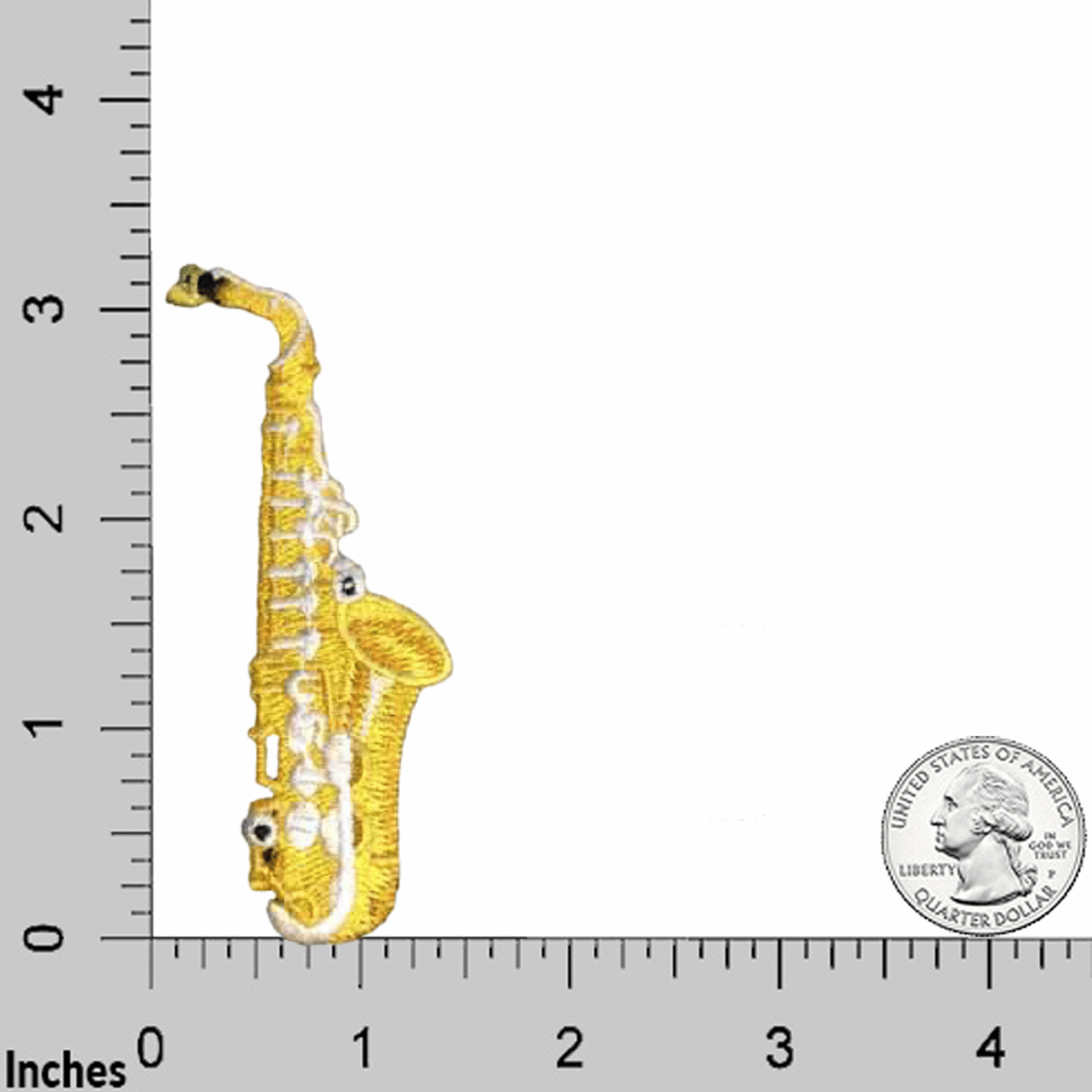 A Saxophone Patches (3-Pack) Music Embroidered Iron on Patch Appliques is shown next to a ruler.
