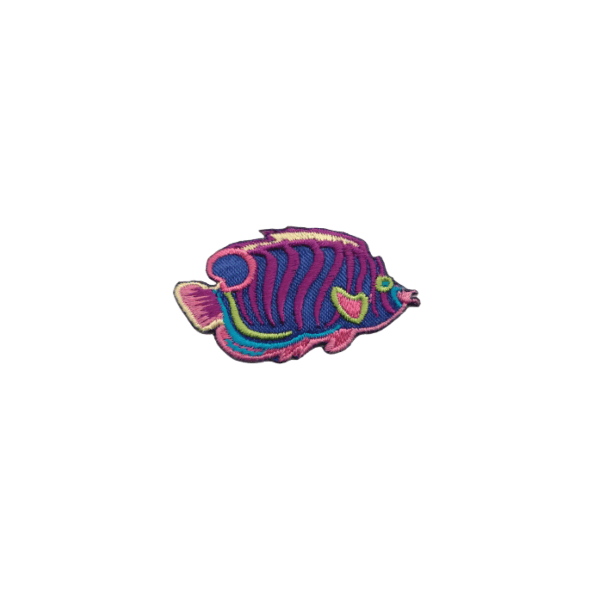 Add a lively touch to jackets, bags, or hats with LaughingLizards' Tropical Fish Sea Life (4-Pack) Iron On Patches featuring vibrant purple, pink, blue, and green fish designs on a white background.