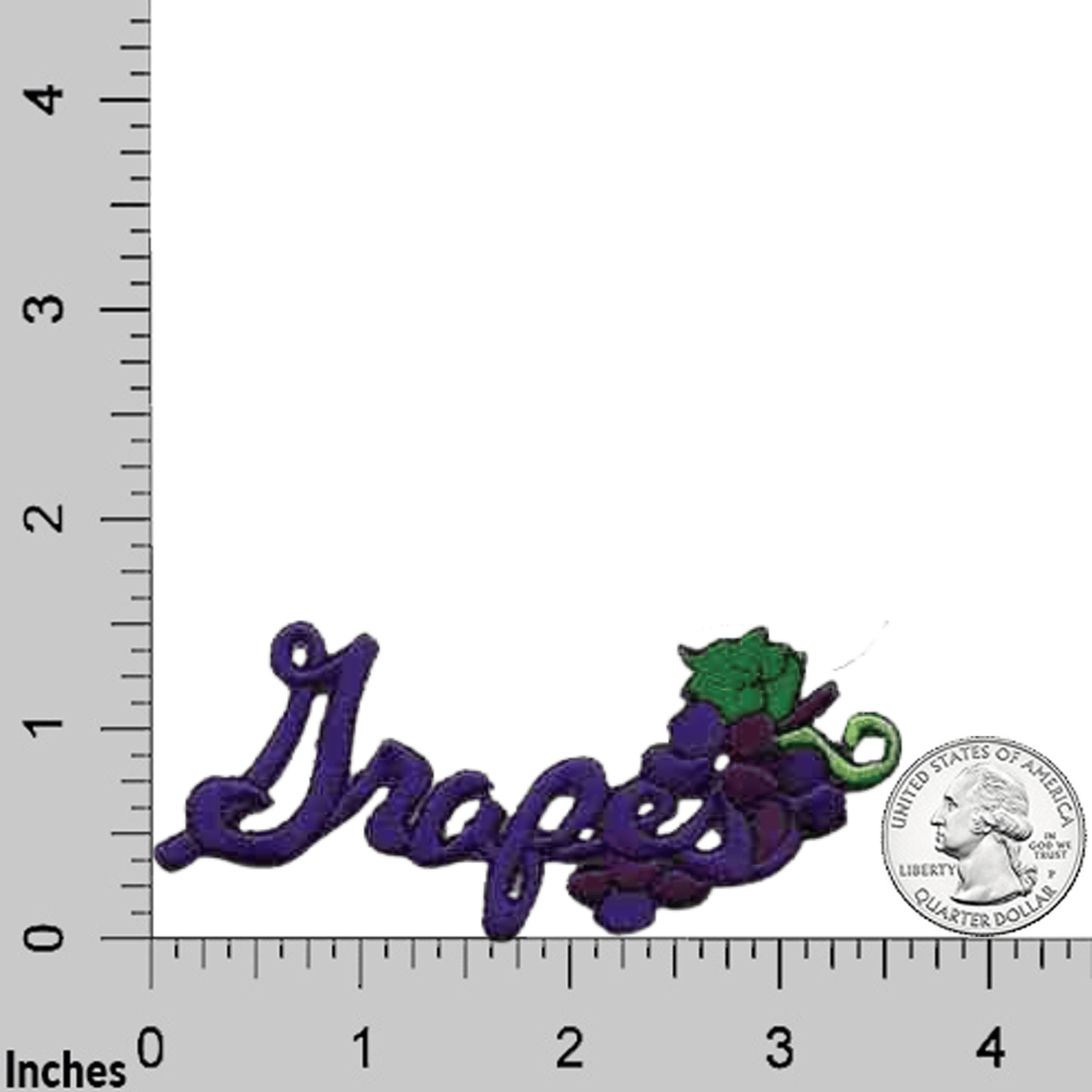 A purple and green embroidered Grapes Patches (2-Pack) Fruit Iron On Patch Appliques on a ruler.
