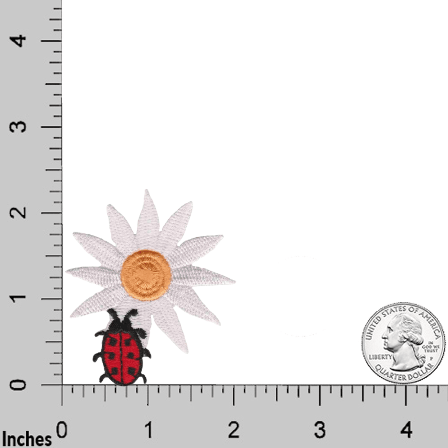 The Laughing Lizards Daisy with Ladybug (3-Pack) Iron On Patch is shown beside a U.S. quarter and an inch-marked ruler for scale.