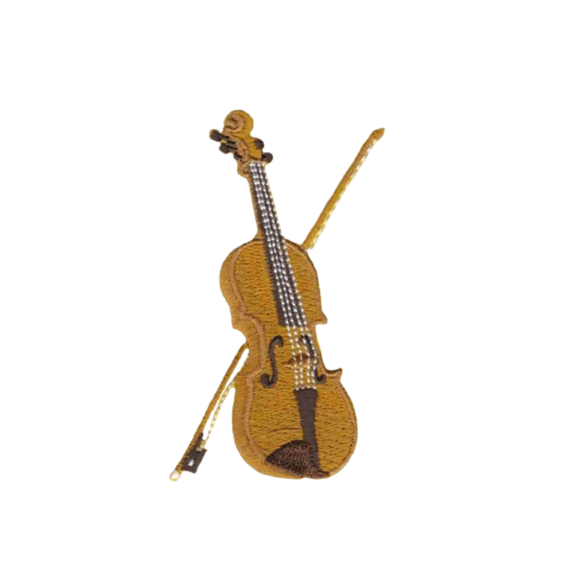A Violin Patches (3-Pack) Musical Instrument Embroidered Iron On Patch Appliques and bow on a white background.