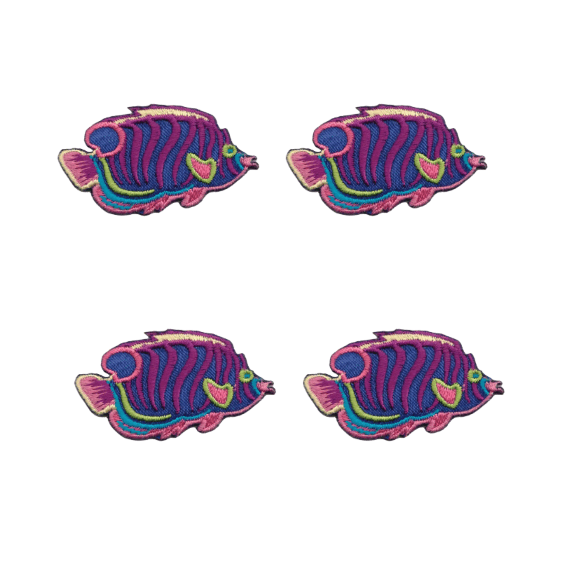The LaughingLizards Tropical Fish Sea Life (4-Pack) Iron On Patch features four vibrant embroidered patches in a 2x2 grid, perfect for adding colorful flair to your projects.