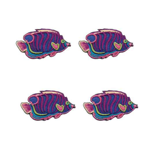 The LaughingLizards Tropical Fish Sea Life (4-Pack) Iron On Patch features four vibrant embroidered patches in a 2x2 grid, perfect for adding colorful flair to your projects.
