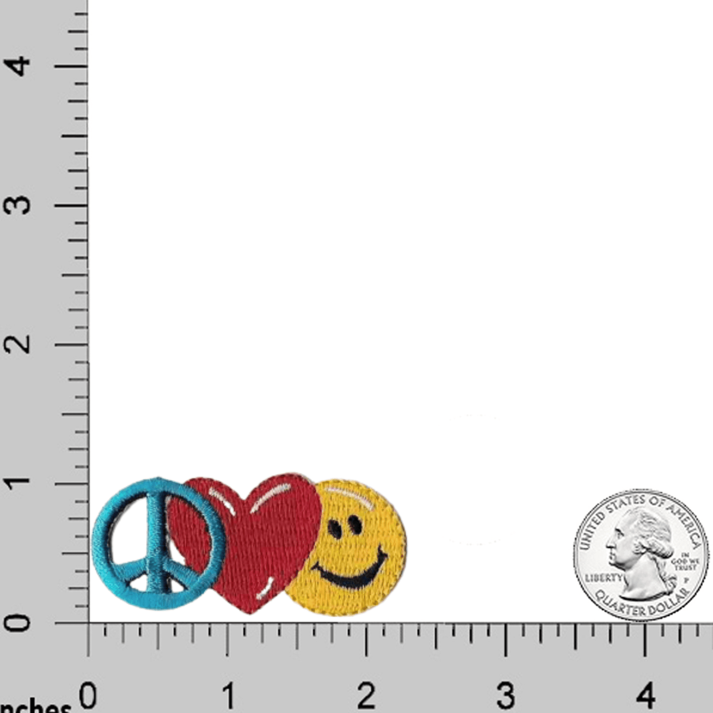 The Laughing Lizards Peace Sign, Heart and Smiley Face (3-Pack) Iron On Patch - Small is shown by a U.S. quarter and rulers for scale—great for DIY crafts or adding flair to your gear.