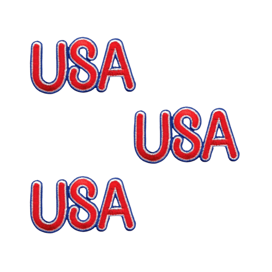 The Laughing Lizards USA Patriotic (3-Pack) Iron on Patch features three red “USA” patches with blue and white outlines, ideal for showing your pride on jackets, bags, and more.