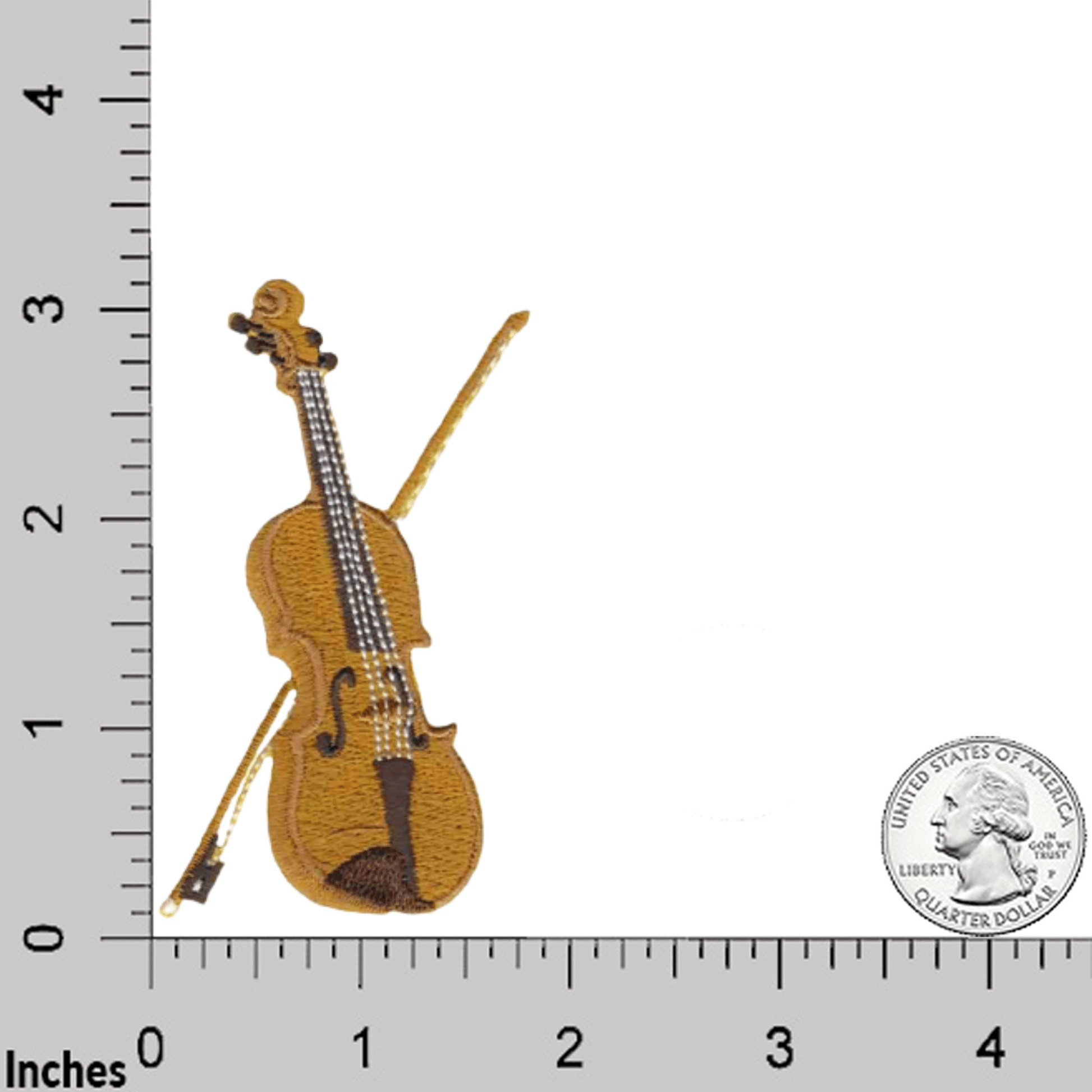 A Violin Patches (3-Pack) Musical Instrument Embroidered Iron On Patch Appliques with a ruler next to it.