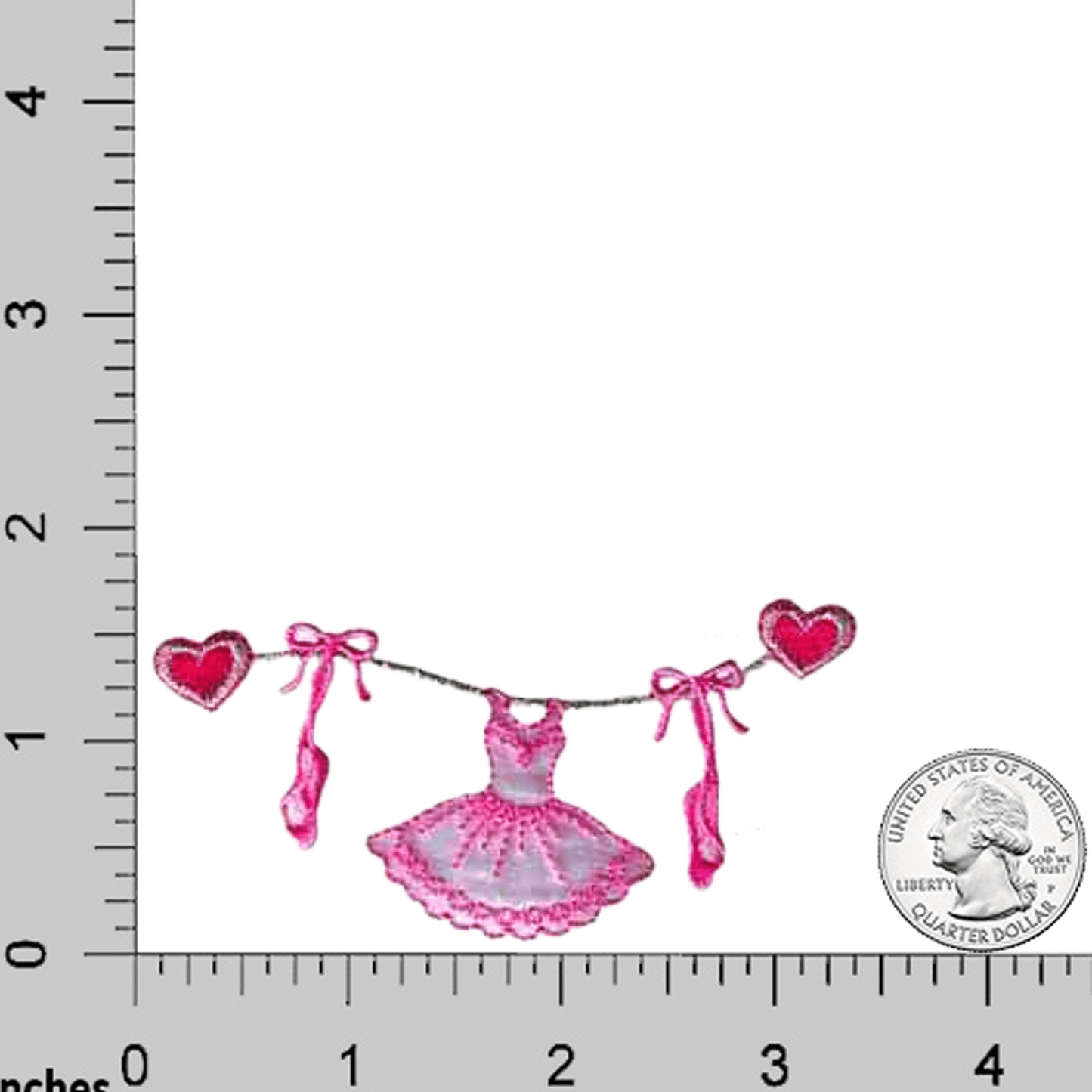 The Heart String Tutu and Toe Shoes Dance Iron On Patch (3-Pack) by Laughing Lizards hangs on a clothesline; a US quarter and ruler show the small size of this charming applique patch decorated with hearts and bows.