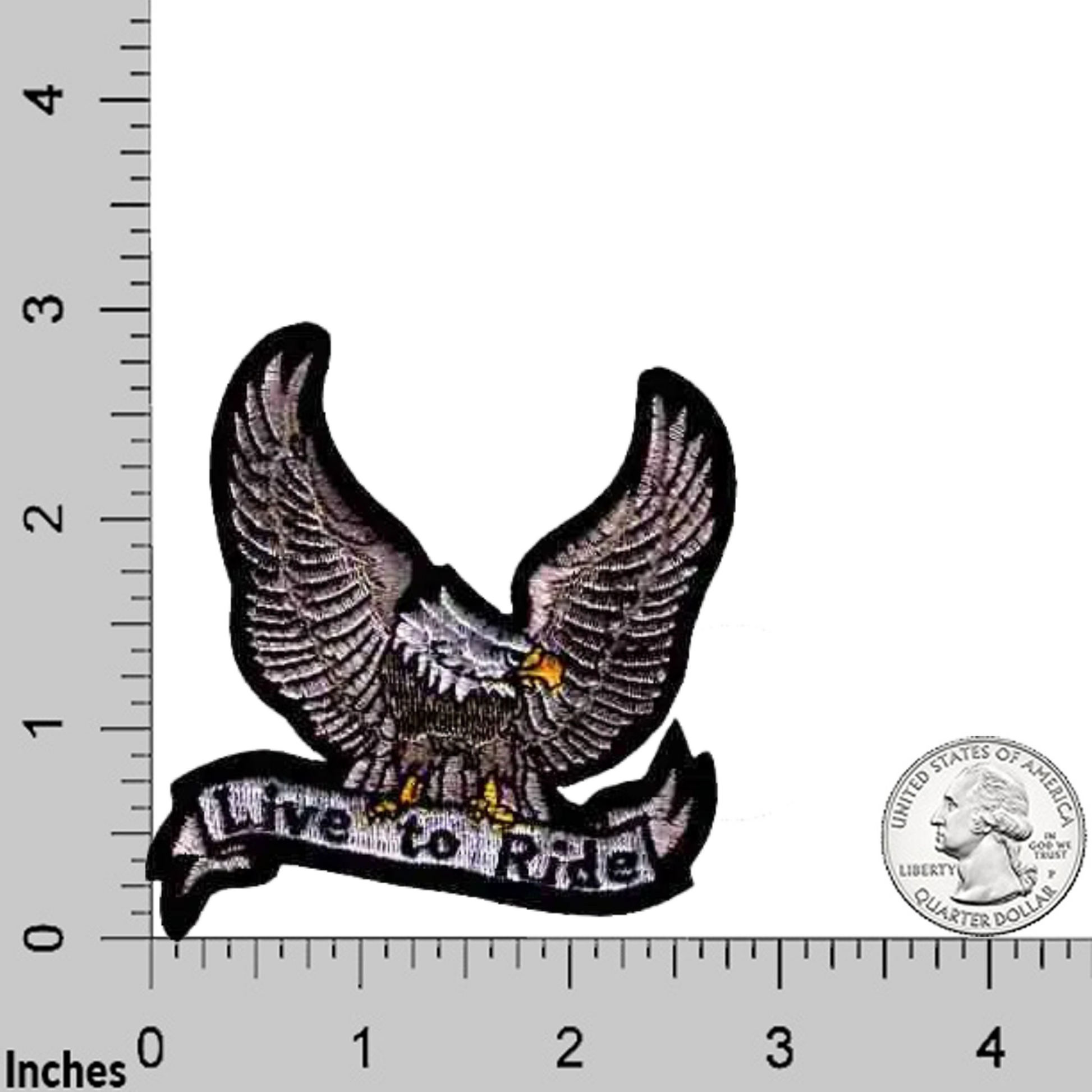 The LaughingLizards Silver Live to Ride Eagle Biker Iron On Patch (2-Pack) features an embroidered eagle with "Live to Ride" text, shown beside a ruler and US quarter for scale—ideal for any Harley-Davidson enthusiast.