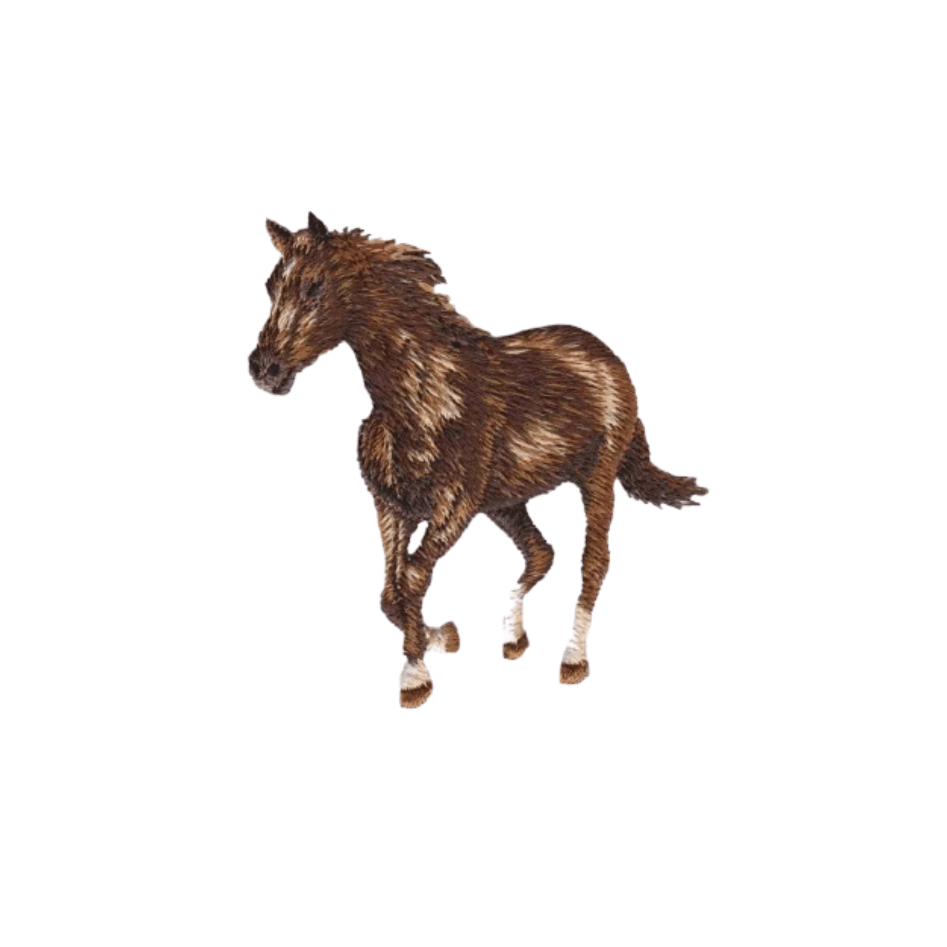 The Laughing Lizards Realistic Horse Embroidered (2-Pack) Iron On Patch features a brown horse on a white background—ideal for adding to jackets or bags.