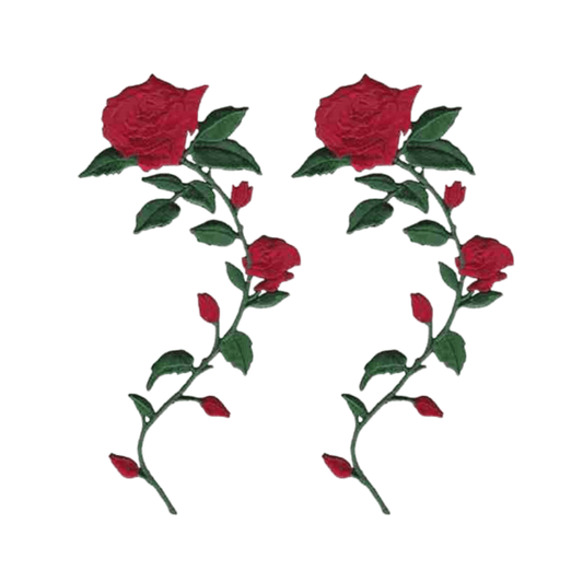 A pair of Roses on Stem Patches (2-Pack) Floral Embroidered Iron On Patch - Left Facing on a white background.