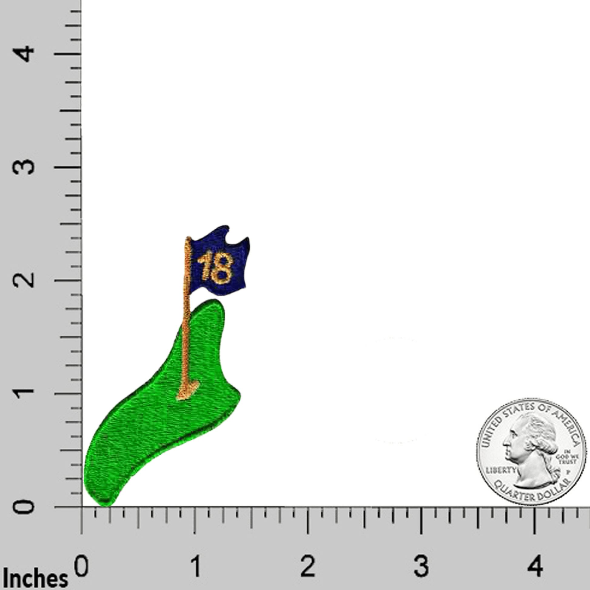 A ruler with 18th Hole Golf Patches (3-Pack) Sport Embroidered Iron On Patch Applique and a flag on it.