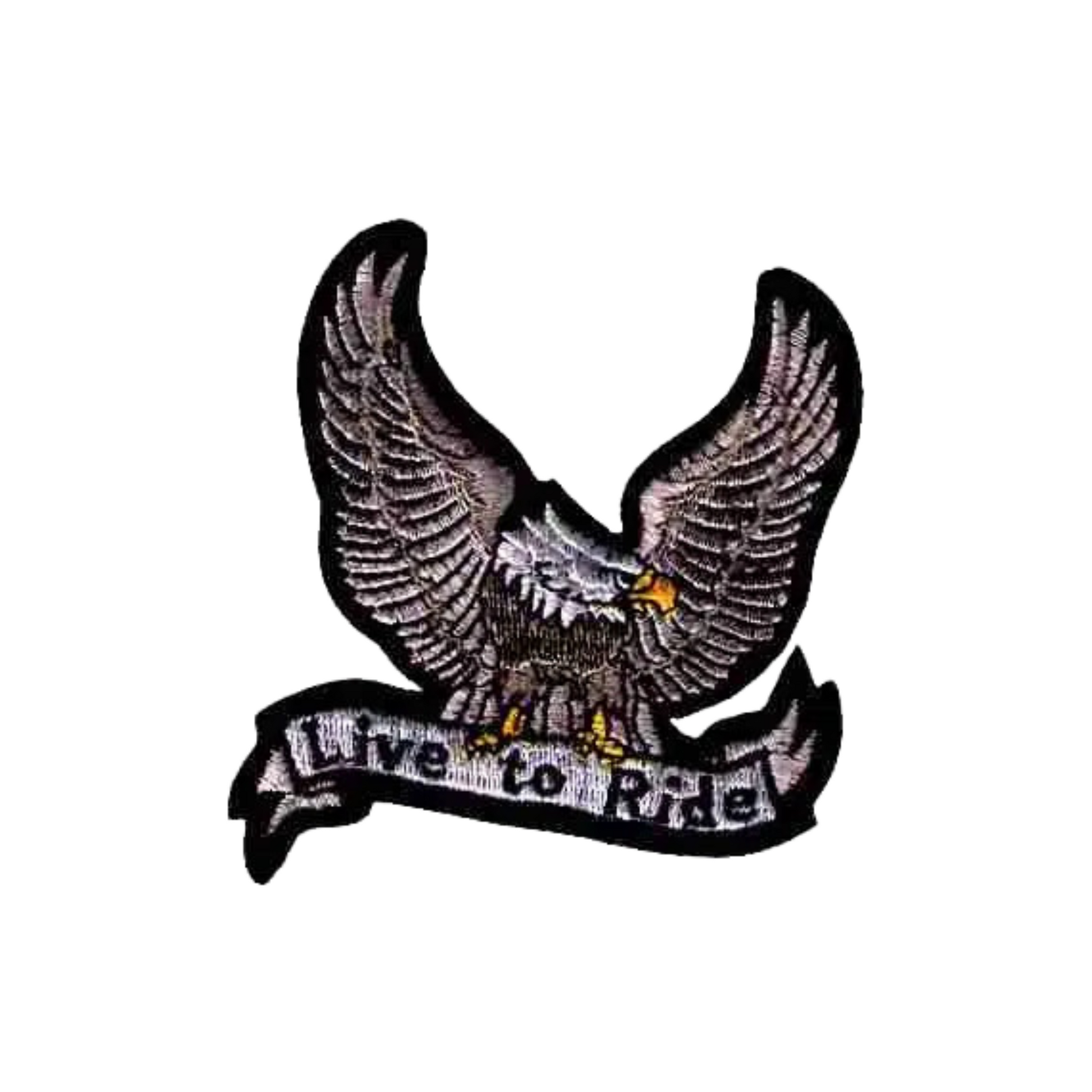 Showcase your biker spirit with LaughingLizards' Silver Live to Ride Eagle Biker Iron On Patch (2-Pack), featuring a flying eagle with outstretched wings above a "Live to Ride" banner—ideal for Harley-Davidson fans.