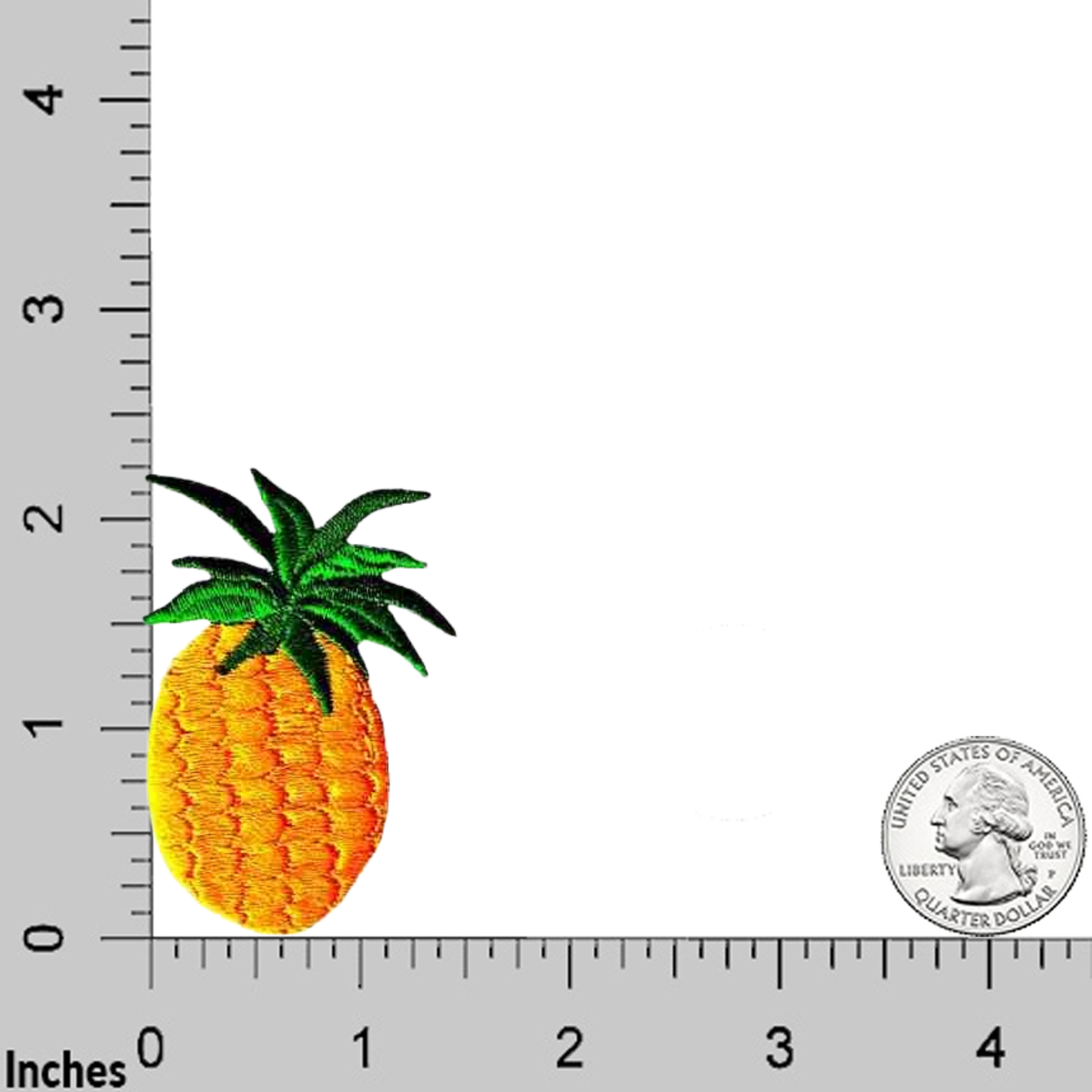 The LaughingLizards Pineapple (3-Pack) Iron On Fruit Patch is shown next to a U.S. quarter, with an inch ruler for scale—ideal as a DIY craft accessory.