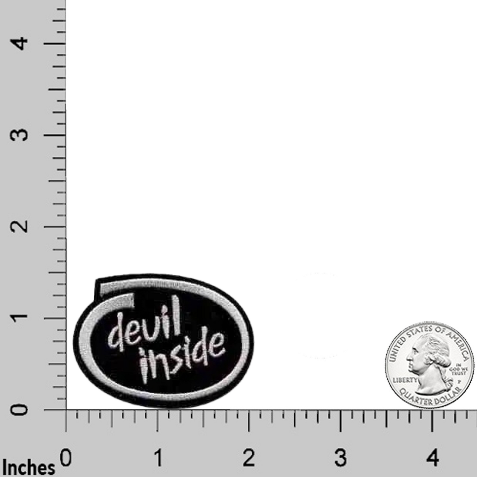 The Laughing Lizards Devil Inside (3-Pack) Iron On Patch is displayed beside a U.S. quarter and a ruler with inch markings for size reference.