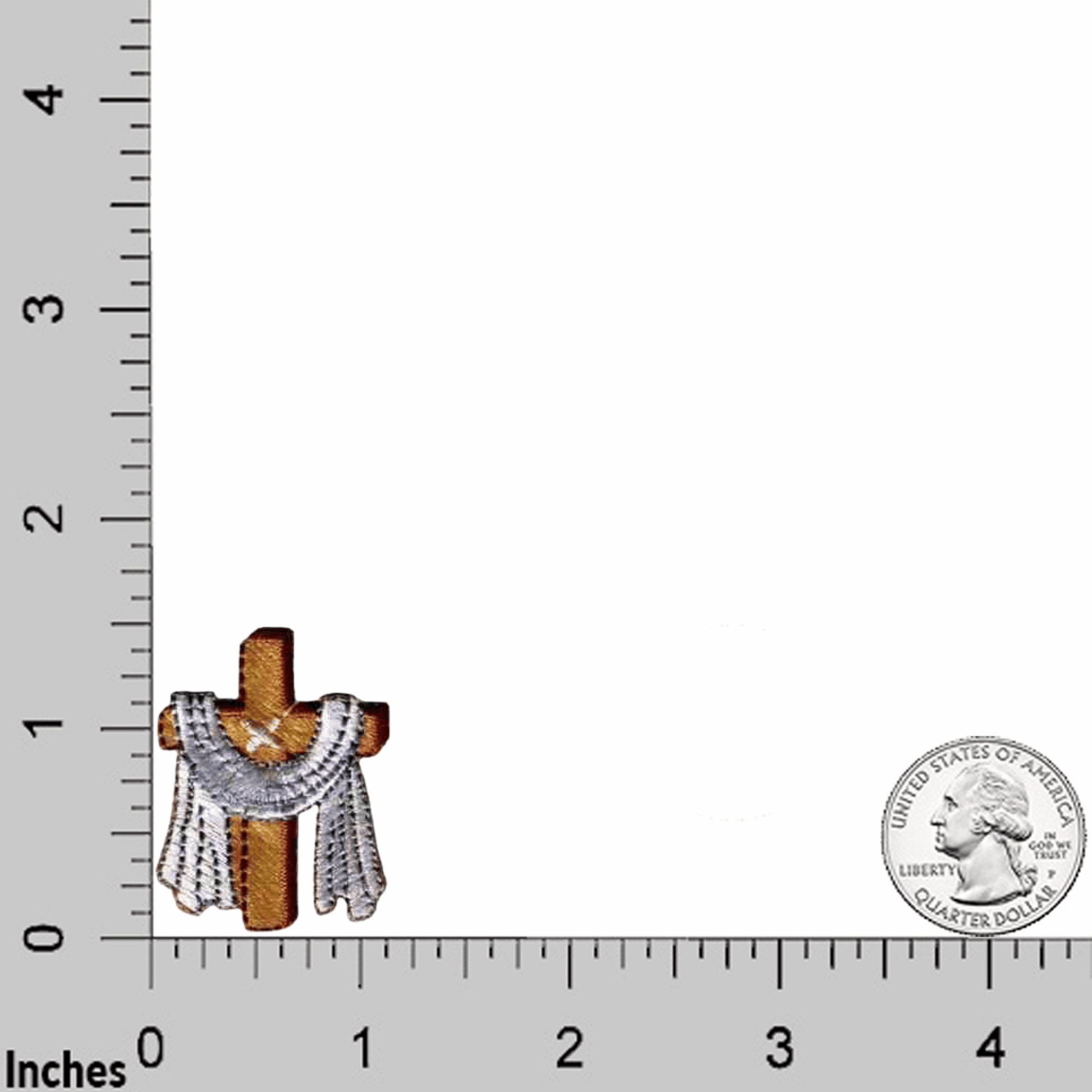 An image of a Cross with Robe Patches (5-Pack) Religious Embroidered Iron On Patch Applique with a coin next to it.