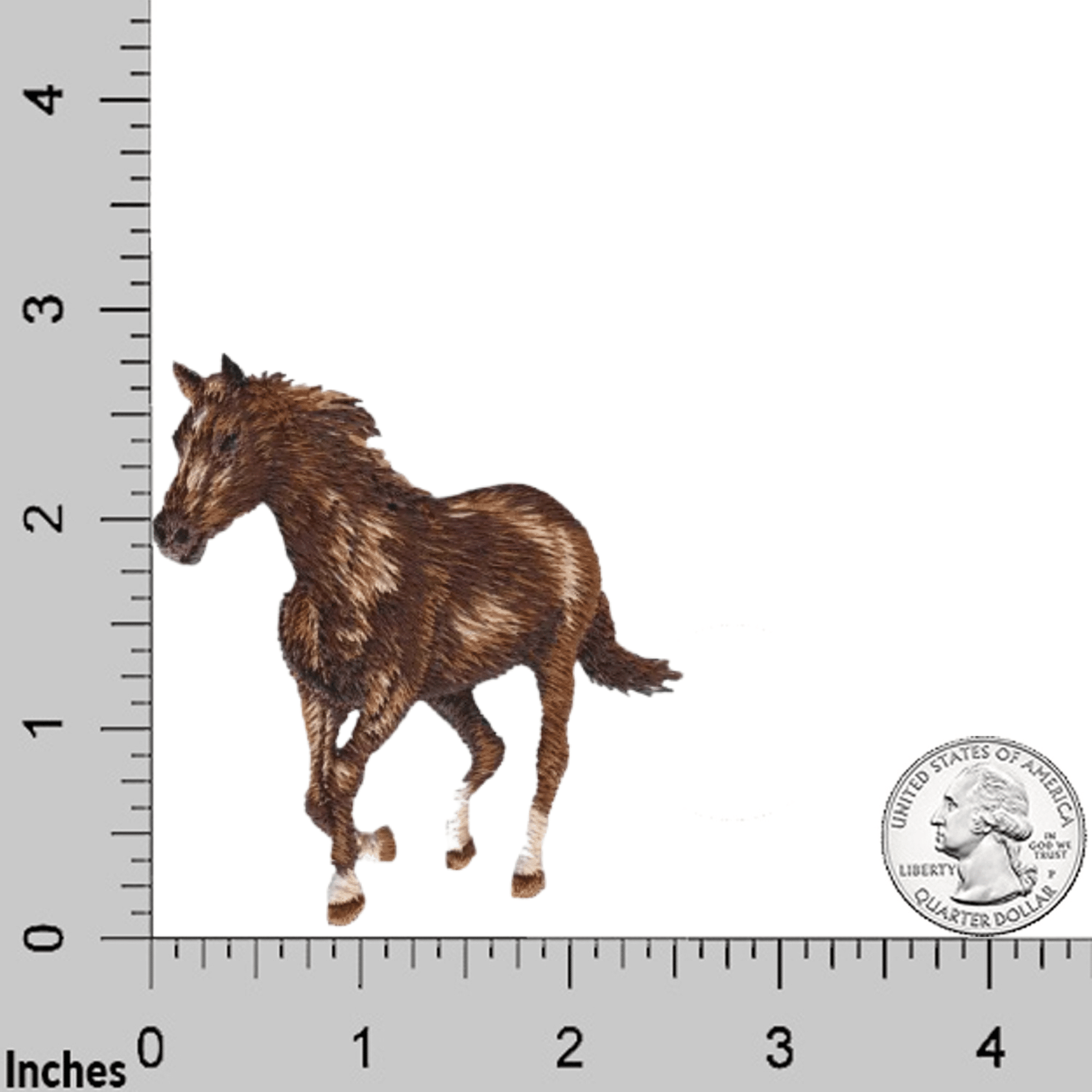 The Realistic Horse Embroidered (2-Pack) Iron On Patch by Laughing Lizards is displayed next to a quarter and an inch-marked ruler for scale, making it easy to visualize the size of this detailed horse patch.