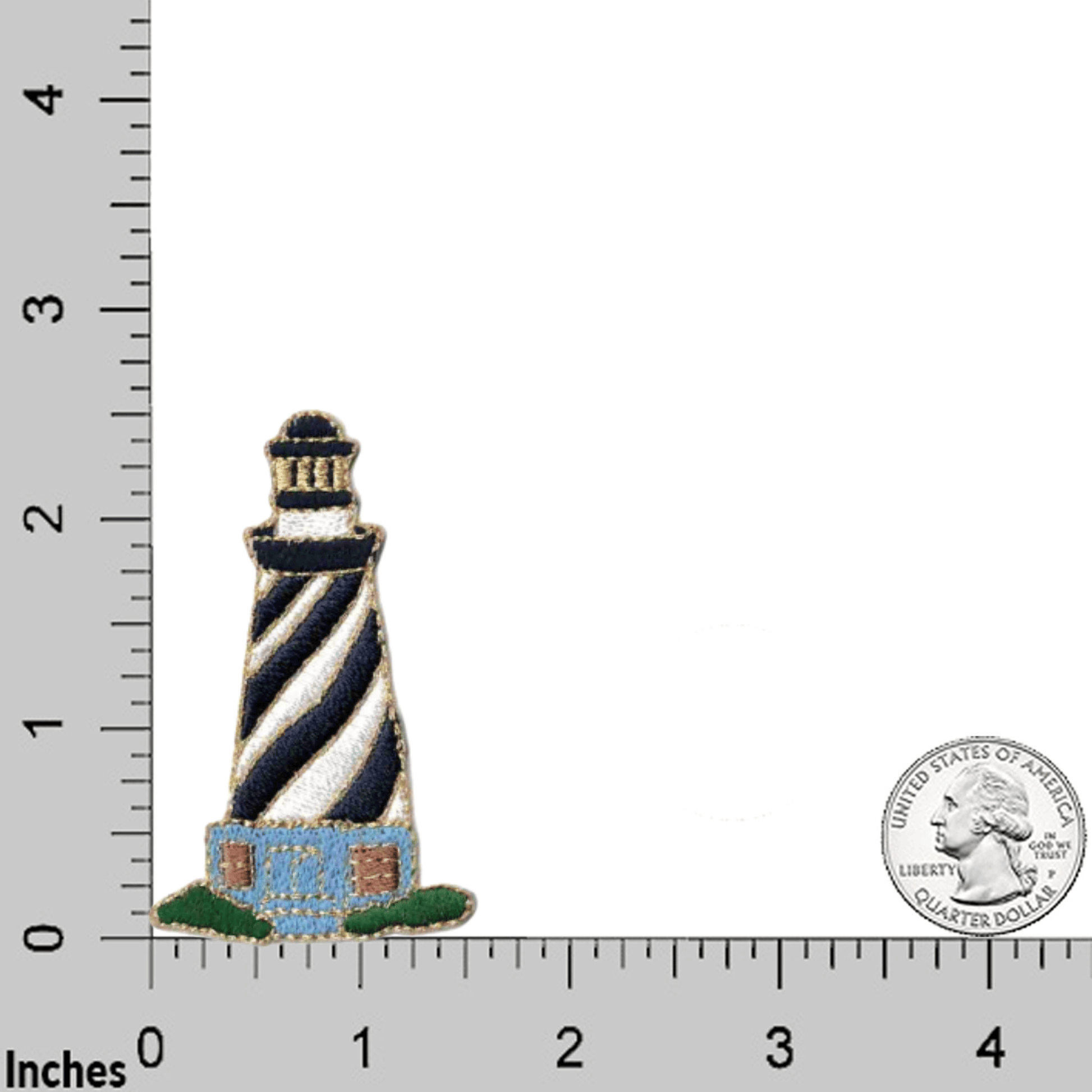 A Lighthouse Patches (3-Pack) Lighthouse Embroidered Iron on Patch Appliques is shown next to a ruler.