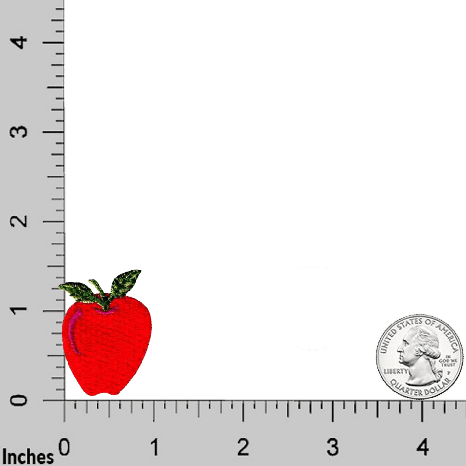 A red Apple Patches (5-Pack) Fruit Embroidered Iron On Patch Appliques - SMALL is shown next to a ruler.