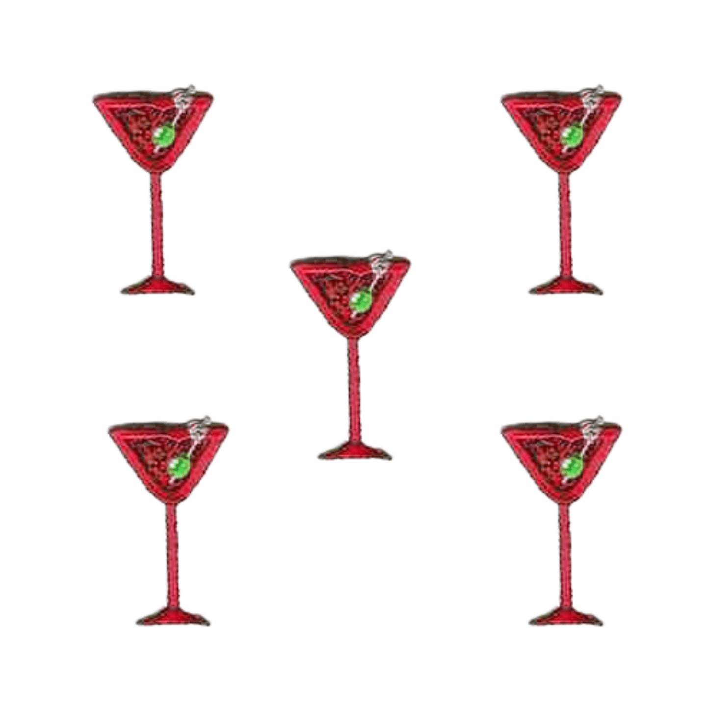 The Laughing Lizards Red Martini and Olive Beverage Iron On Patch (5-Pack) features martini glasses with olives in an X pattern—ideal for unique kitchen decor or as a fun applique.