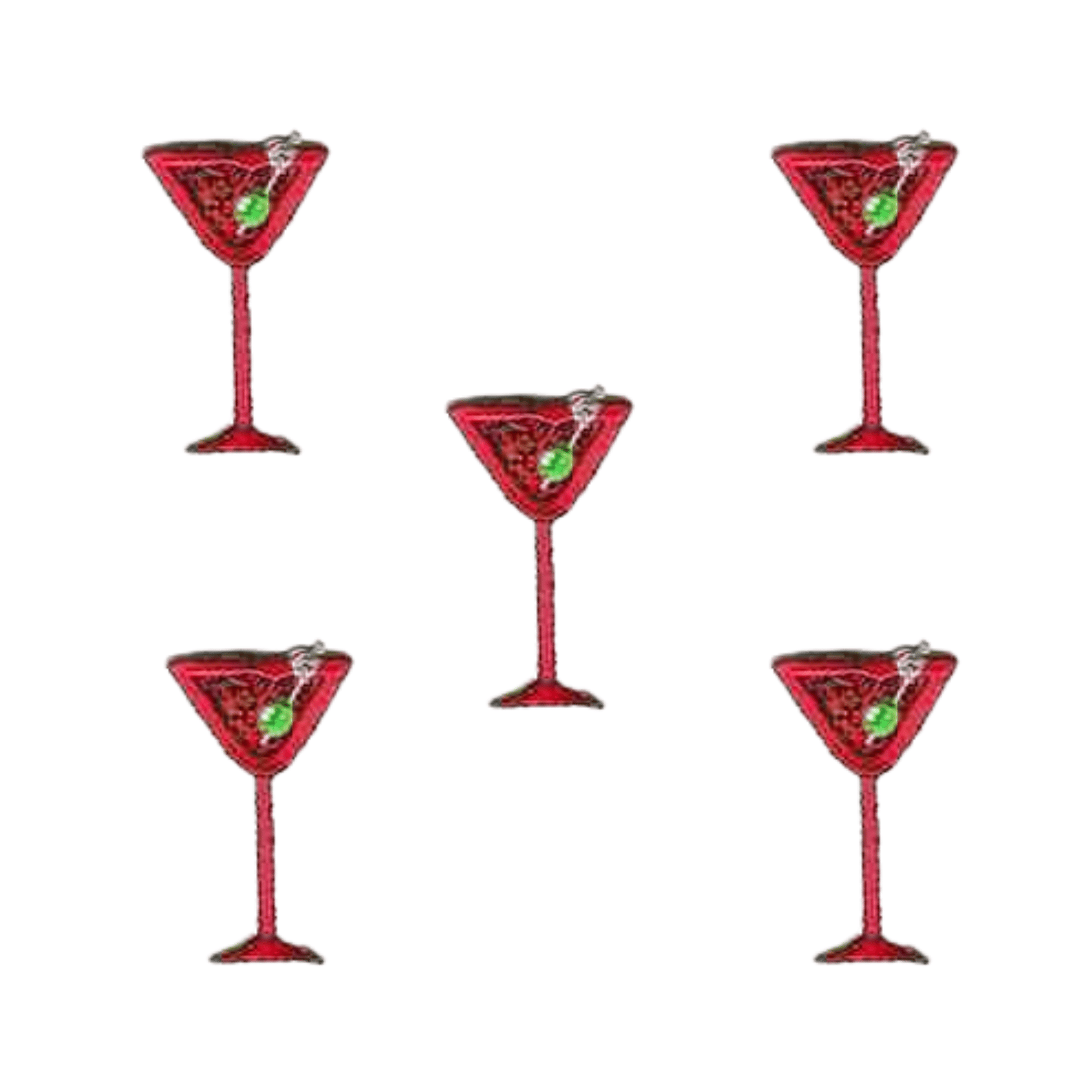 The Laughing Lizards Red Martini and Olive Beverage Iron On Patch (5-Pack) features martini glasses with olives in an X pattern—ideal for unique kitchen decor or as a fun applique.