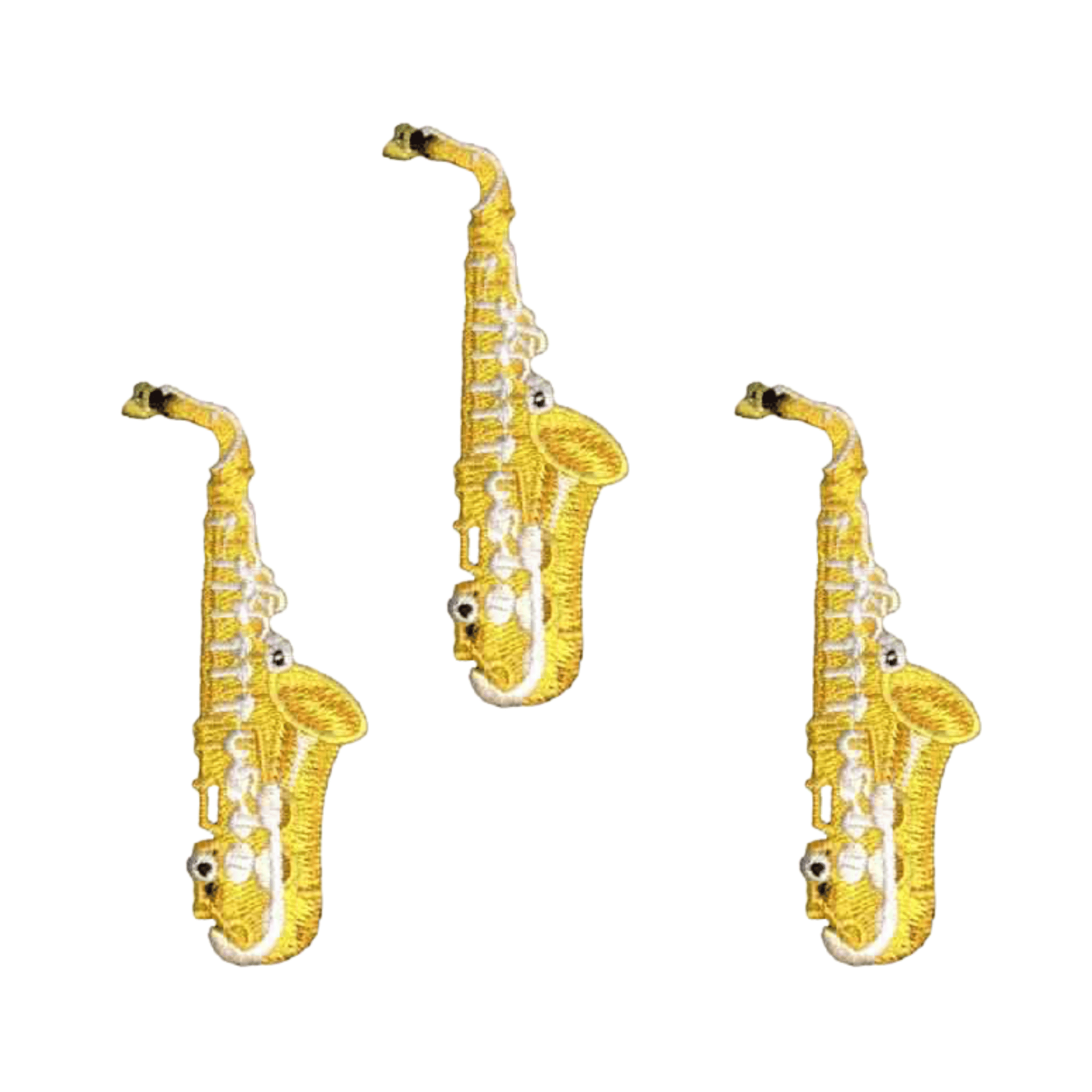 Three Saxophone Patches (3-Pack) Music Embroidered Iron on Patch Appliques on a white background.