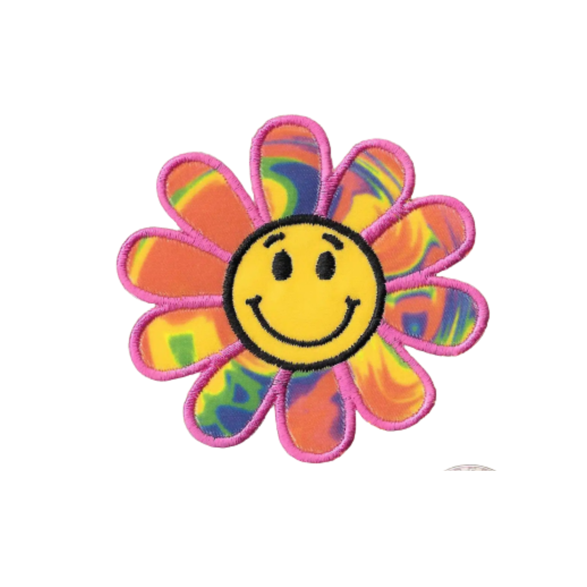 Add cheerful, vintage charm to any outfit with the Laughing Lizards Happy Face Rainbow Daisy (2-Pack) embroidered flower iron on patches featuring multicolored petals, a yellow smiley face center, and pink outline.