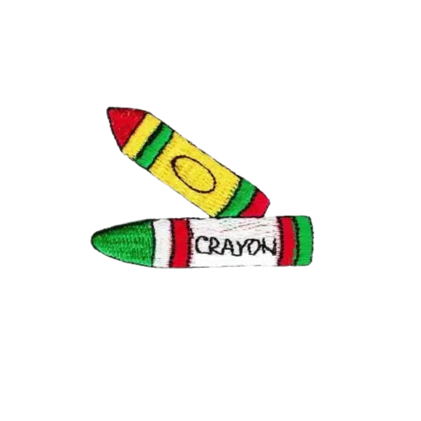 LaughingLizards Double Crayons Embroidered (3-Pack) Iron On Patch features vibrant yellow and white designs labeled "CRAYON"—ideal for kids' clothing or creative appliques to brighten up any outfit.
